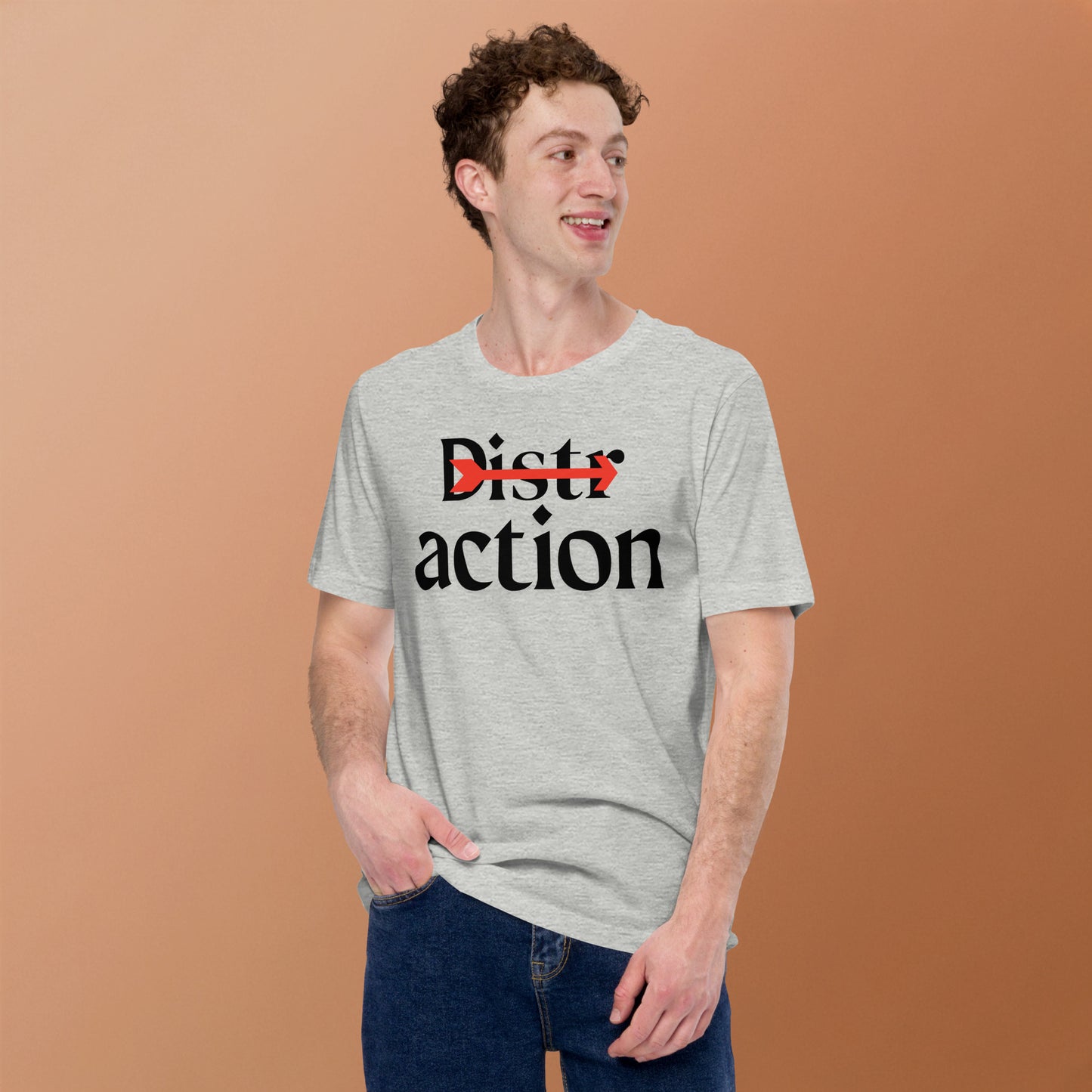 A close-up of a unique t-shirt print with a red arrow dividing "Distractions" and emphasizing "actions."