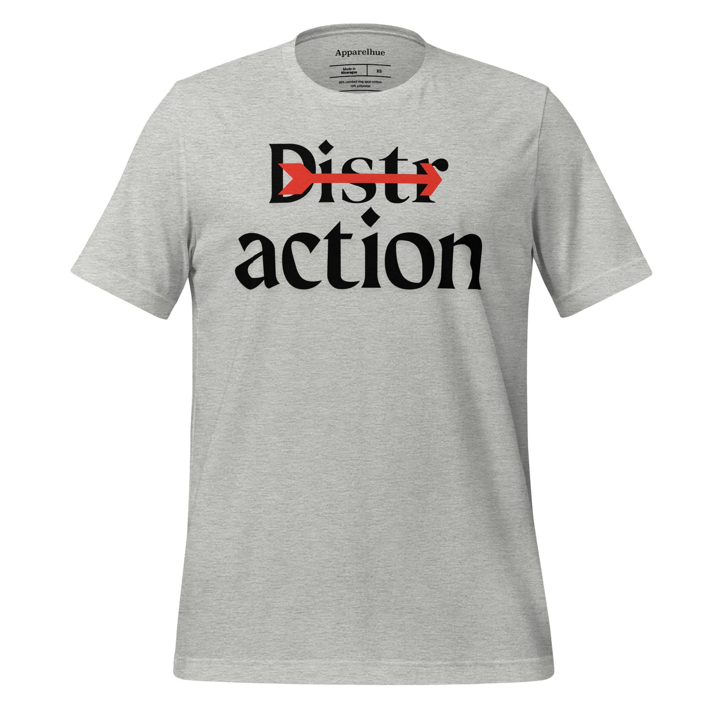 A close-up view of a t-shirt design where a red arrow is used to highlight "actions" within the word "Distractions."