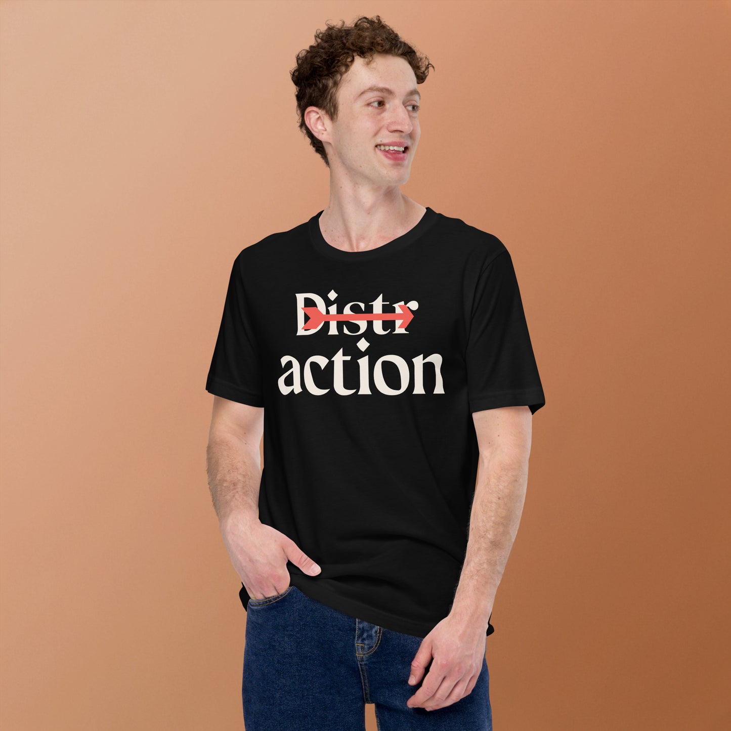 An angled shot of a black t-shirt featuring a minimalist print with the words "Distractions" and a horizontal arrow.