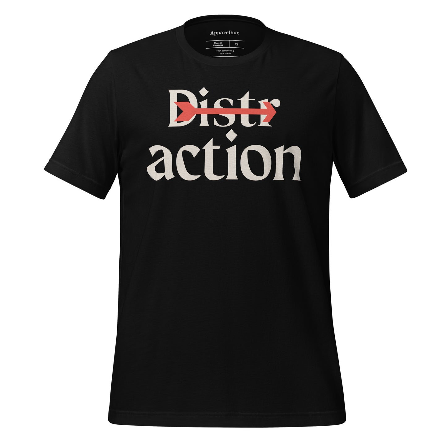 A black t-shirt with a graphic text design that reads "Distr actions" with a red arrow pointing right, splitting the word "Distractions."