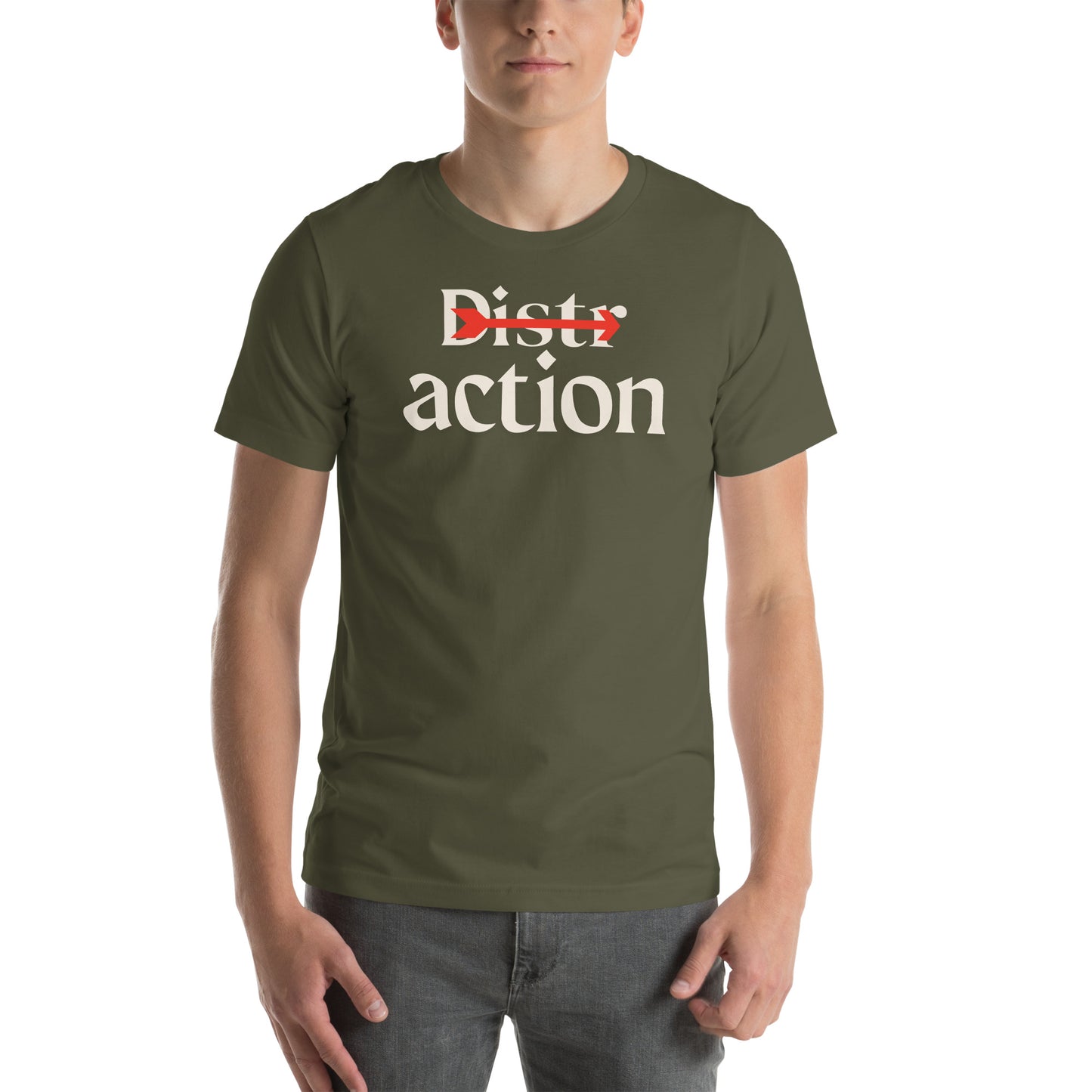 A wordplay t-shirt design with the text "Distr actions" and a red arrow, optimized for focus apparel searches.