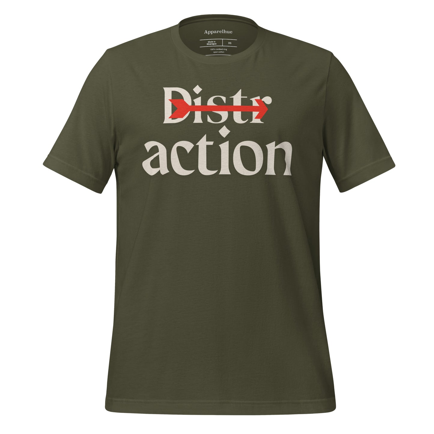 A visual metaphor on a black t-shirt: a red arrow piercing through and separating the word "Distractions."