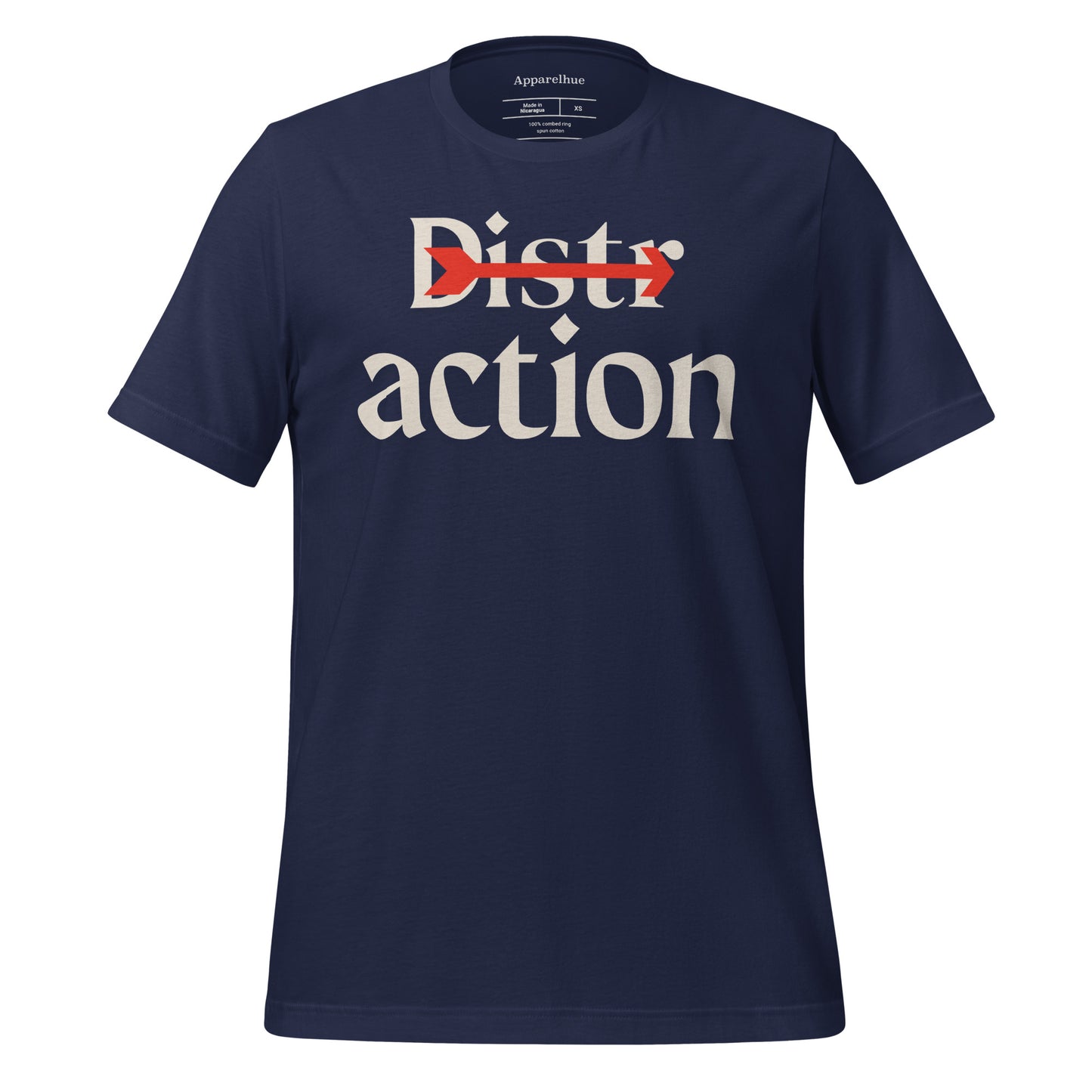 Graphic for a t-shirt showing a red arrow piercing the word "Distractions" to promote a focus on actions.