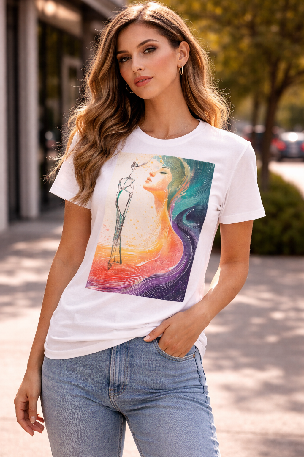 Express your inner light with this artistic portrait T-shirt. A vibrant abstract design made to inspire confidence, creativity, and everyday style.