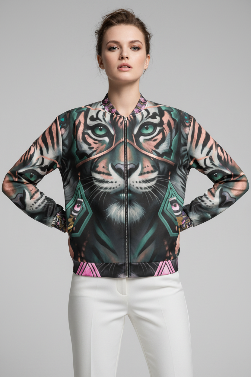 Woman wearing a jacket with a tiger design on a gray background