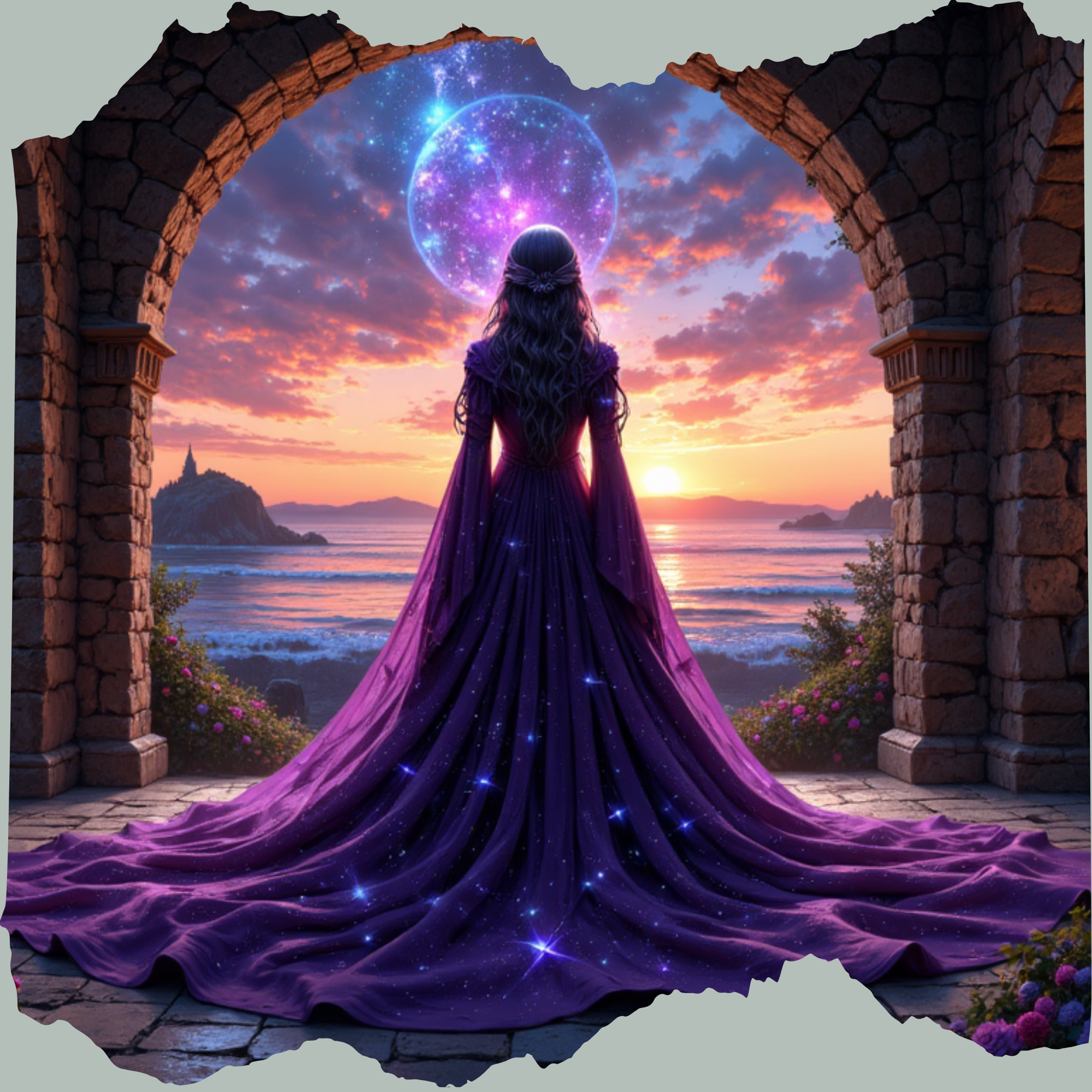 A dreamy fantasy artwork of a cosmic woman in a flowing purple gown, standing beneath a stone archway at sunset and gazing toward a glowing celestial orb above a calm ocean, symbolising inner strength and spiritual connection.
