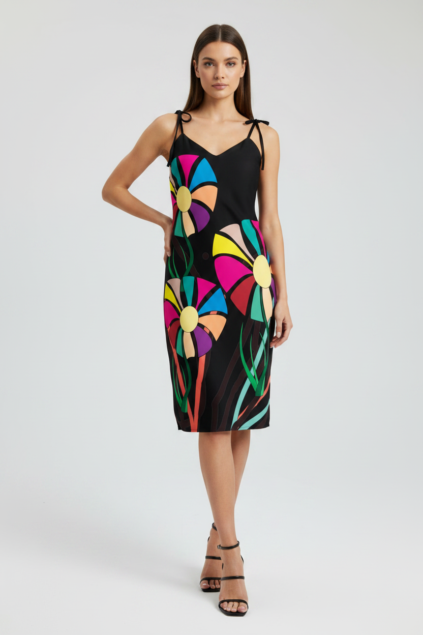 Woman wearing a black dress with colorful floral patterns on a white background