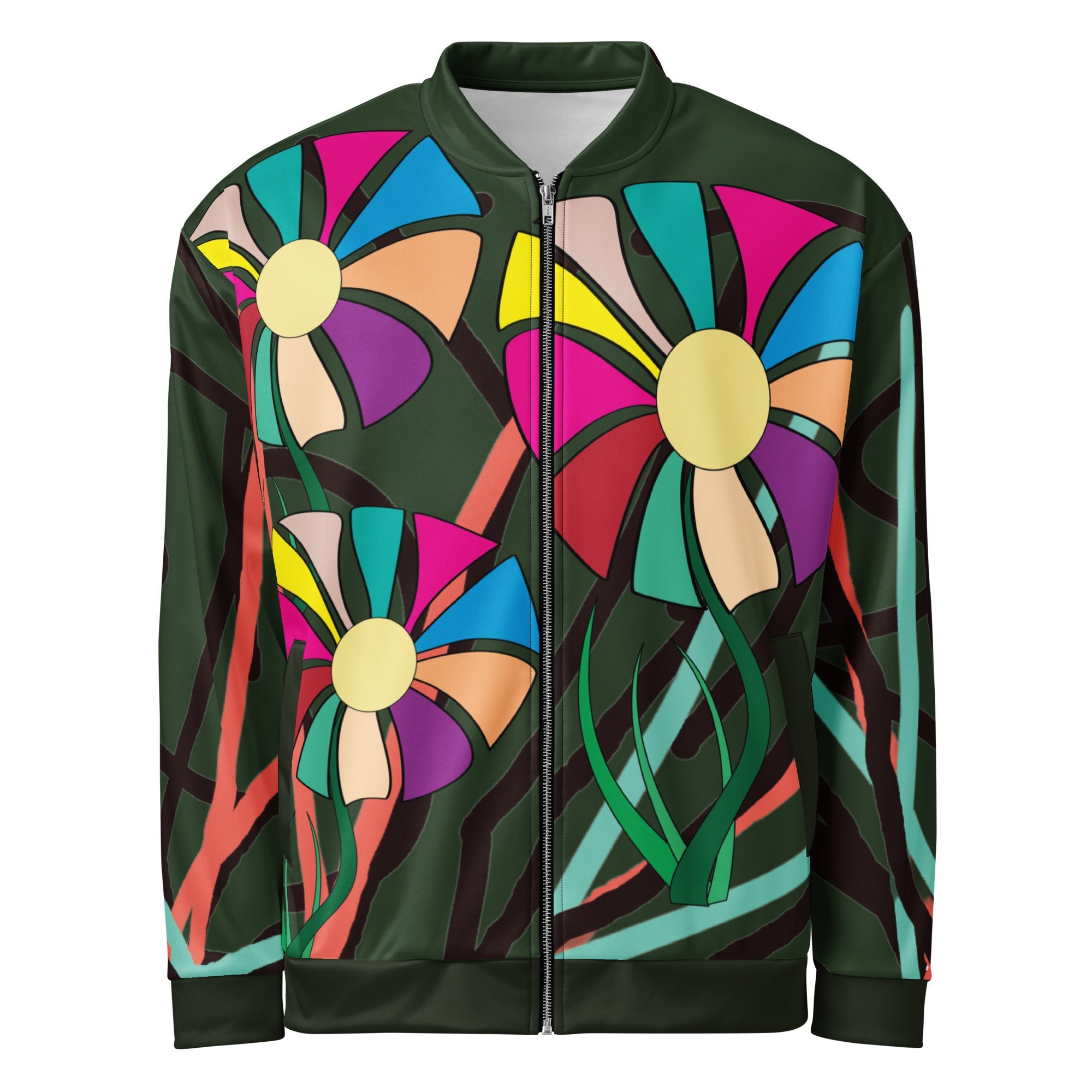 Floral Vibrant All-Over Print Bomber Jacket, Bold Art in Fashion, Apparelhue