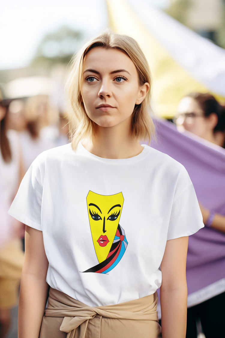 Woman wearing colorful abstract print T-shirt.