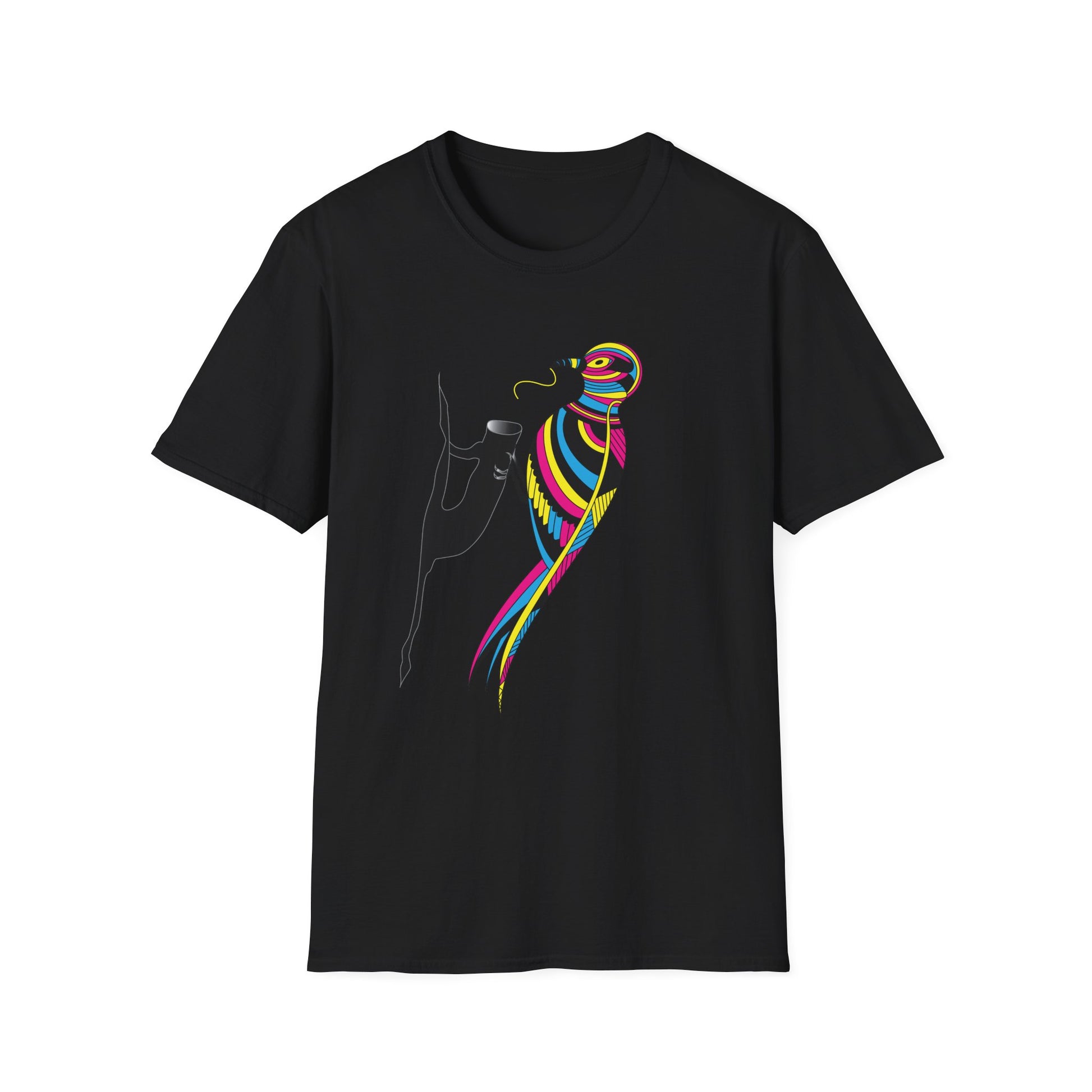 A black unisex softstyle T-shirt with a vibrant multicolored bird graphic on the front.