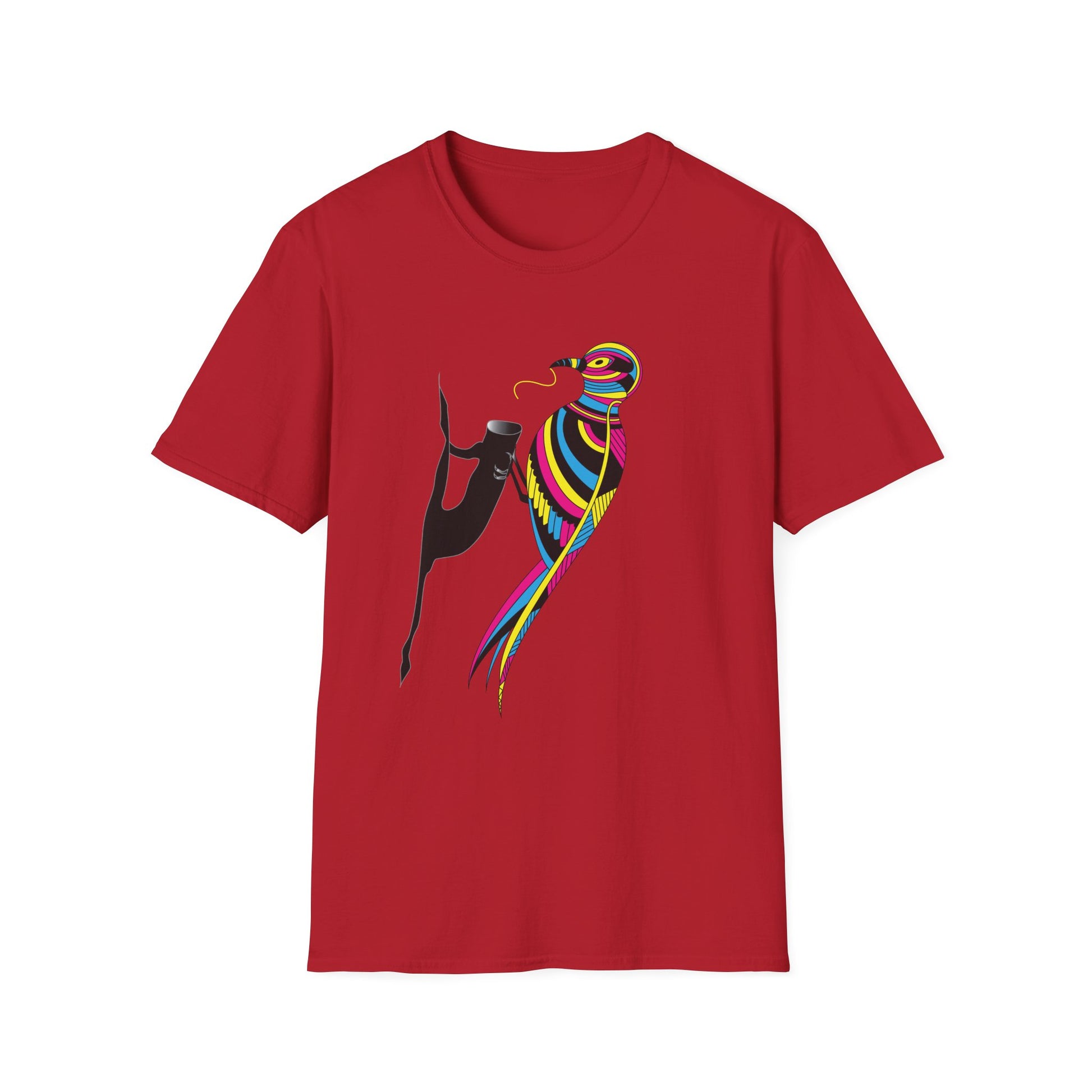 A red unisex softstyle T-shirt with a vibrant multicolored bird graphic on the front.