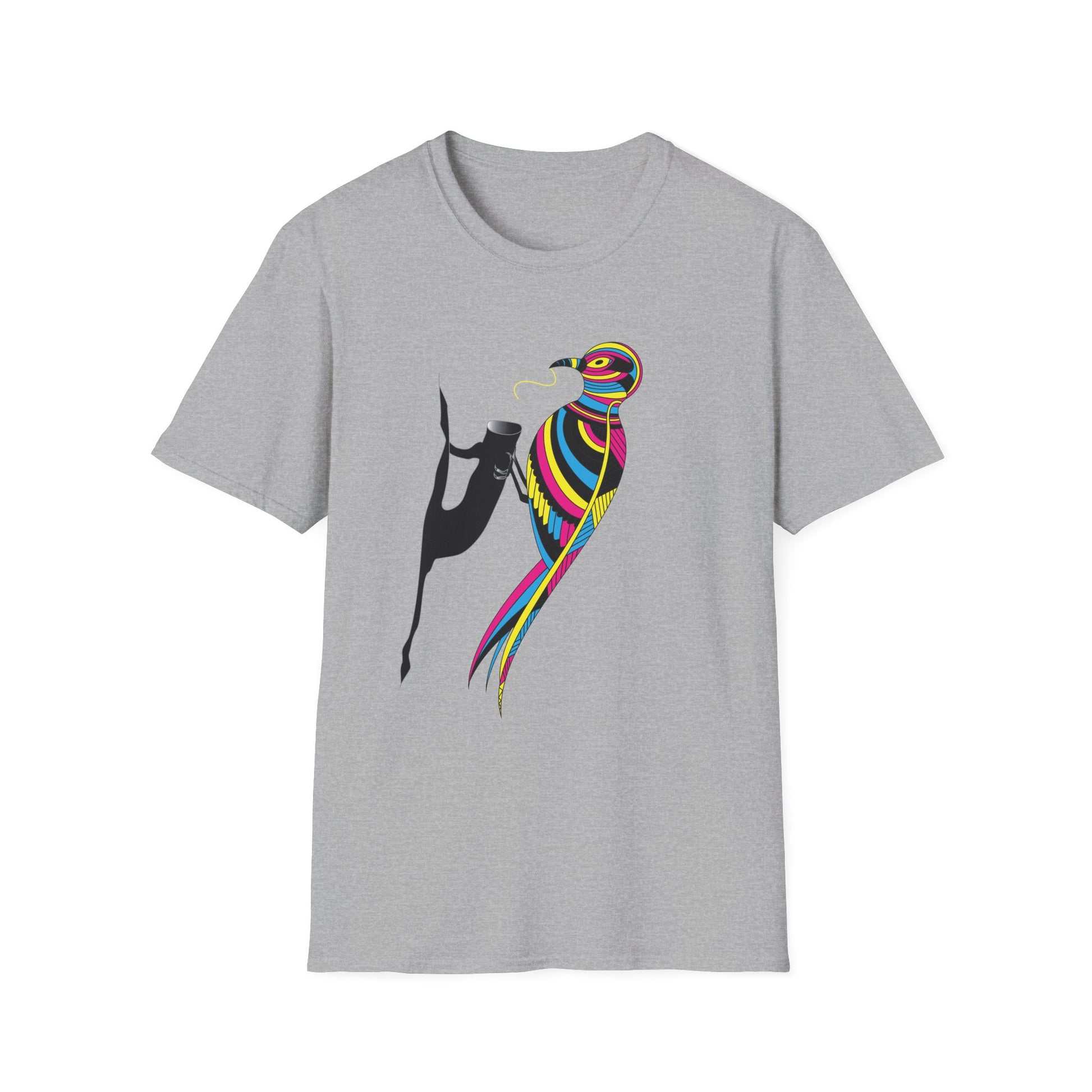 A gray unisex softstyle T-shirt with a vibrant multicolored bird graphic on the front.