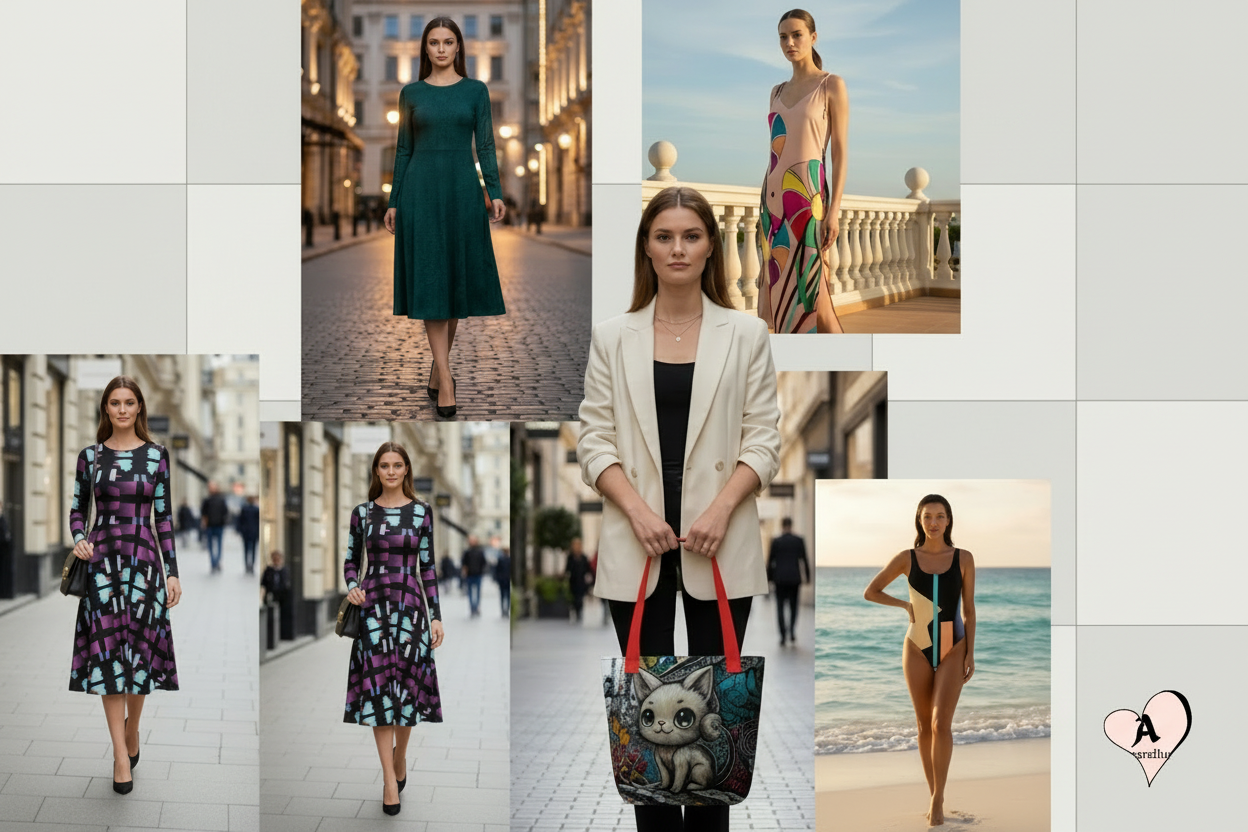 A sleek banner advertisement with large, bold text on the left that reads "WEARABLE ART. DESIGNED FOR YOU. EXPRESSIVE COLOuRS, MODERN CUTS." Next to the text are three framed fashion images: a model in a teal dress on a city street, a model holding a stylised cat tote bag, and a model in a colourful patterned maxi dress on a balustrade.
