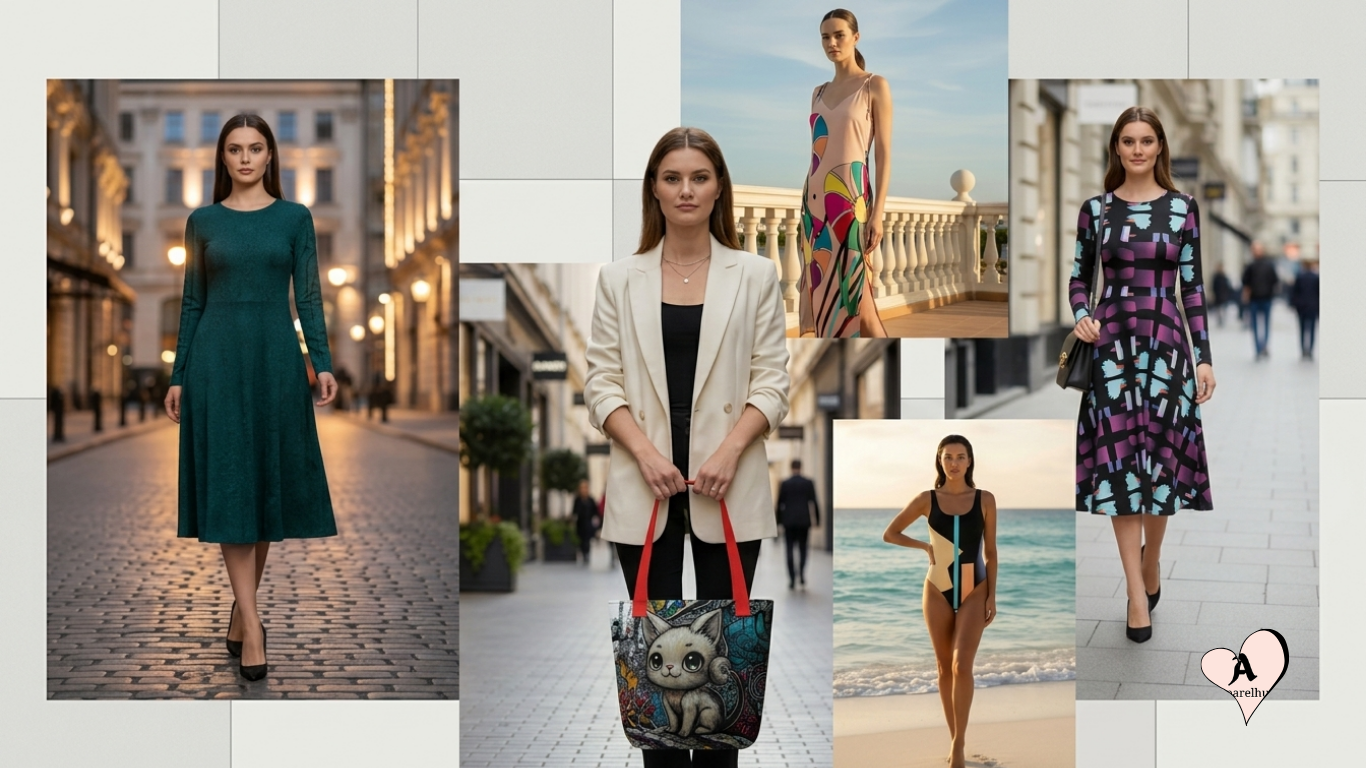 A sleek banner advertisement with large, bold text on the left that reads "WEARABLE ART. DESIGNED FOR YOU. EXPRESSIVE COLOuRS, MODERN CUTS." Next to the text are three framed fashion images: a model in a teal dress on a city street, a model holding a stylised cat tote bag, and a model in a colourful patterned maxi dress on a balustrade.