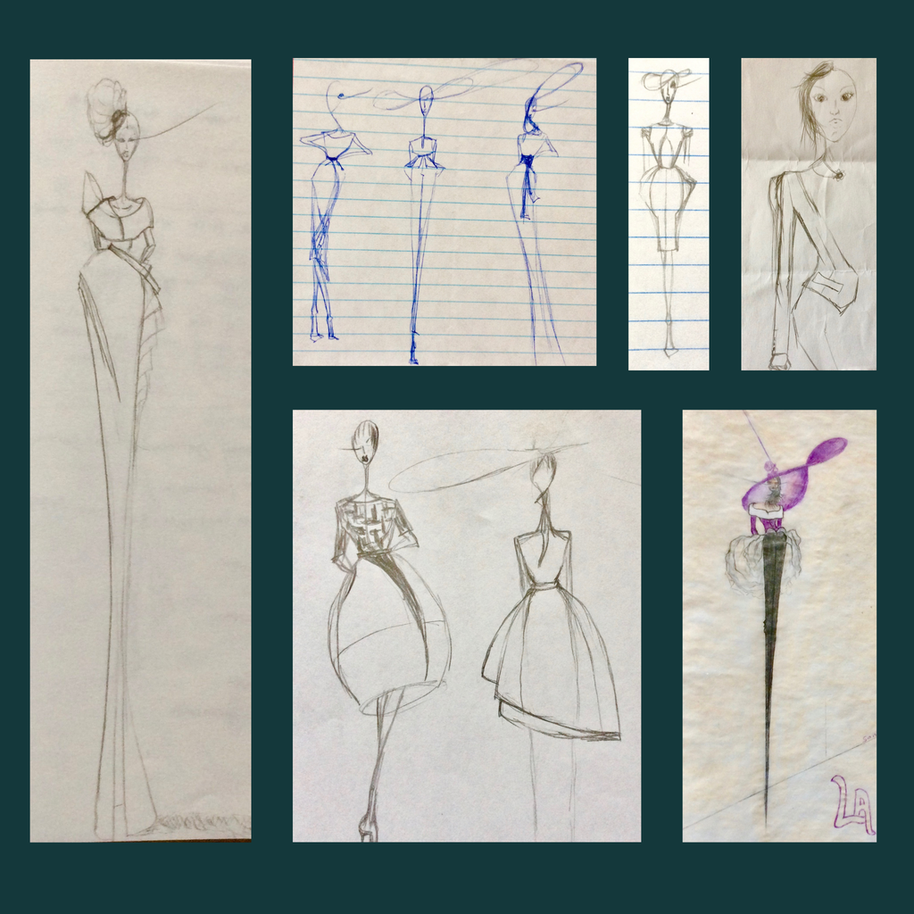 Collage of fashion design sketches on various papers with different styles and techniques.