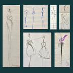 Collage of fashion design sketches on various papers with different styles and techniques.