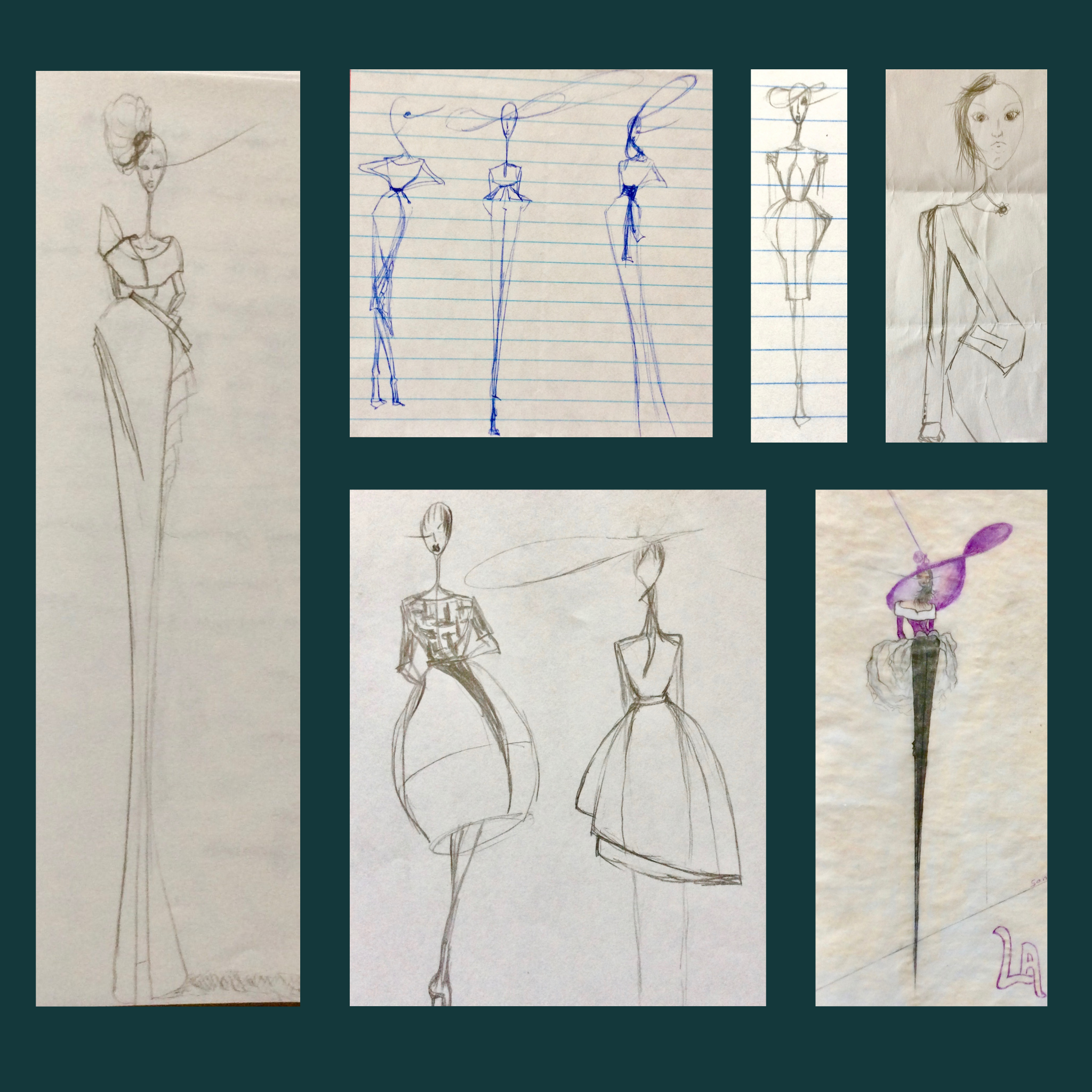 Collage of fashion design sketches on various papers with different styles and techniques.