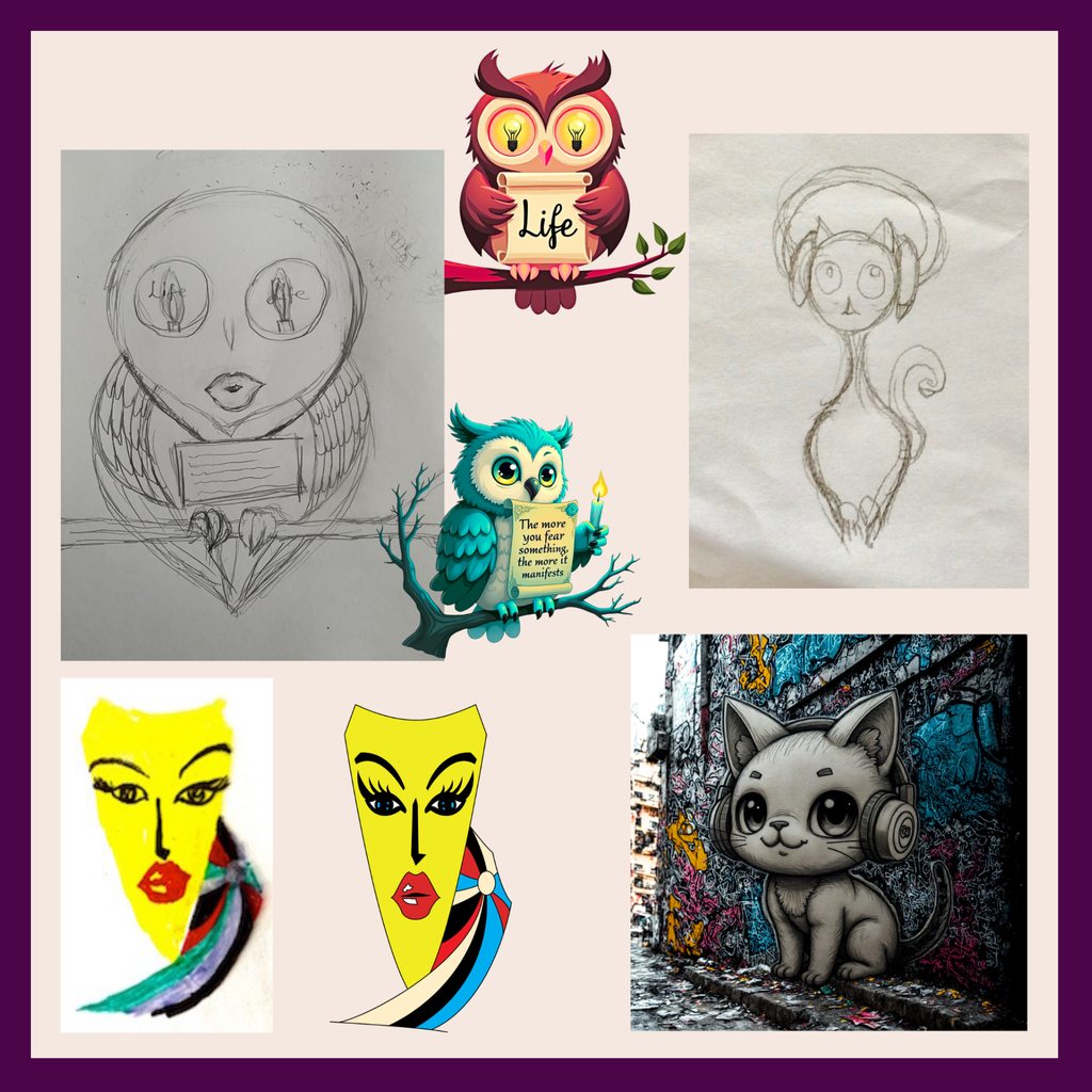 Collage of various artistic illustrations including an owl, cat, and abstract designs. Discover the meaning behind Apparelhue artwork — wearable stories of colour and faith that push you to dream bigger and go further.