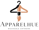 "Apparelhue logo featuring a minimalist black clothes hanger combined with a warm peach paintbrush above the elegant APPARELHUE wordmark and the tagline 'Wearable Artwork' on a white background."