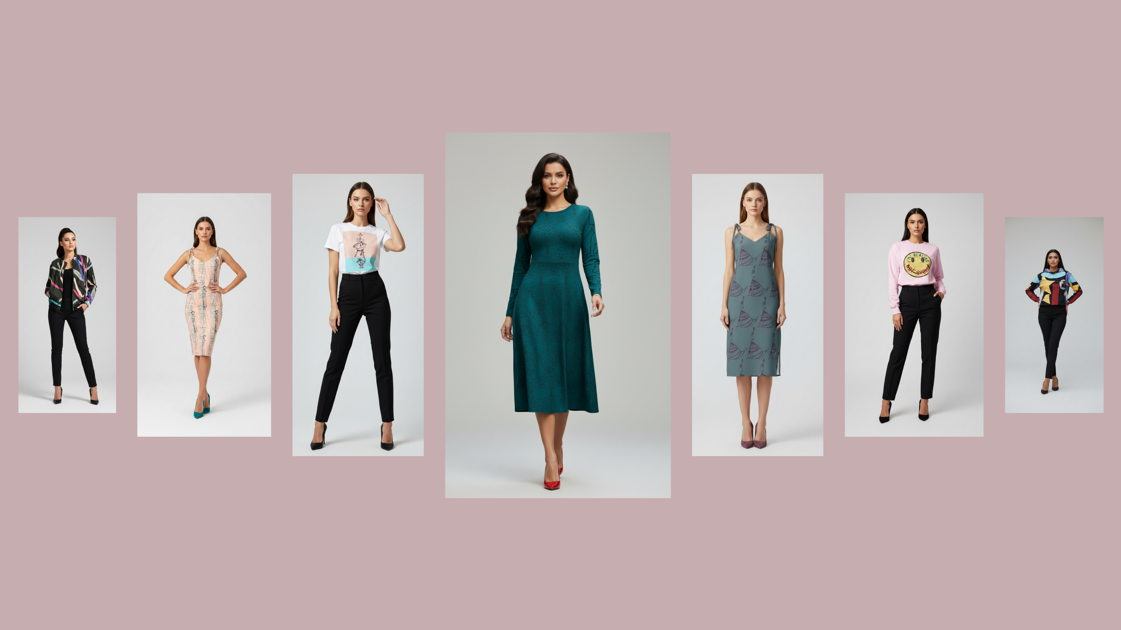 Apparelhue art fashion collection featuring female models in wearable fine art garments, including patterned midi dresses, graphic t-shirts, printed dresses, and casual sweatshirts. 

A horizontal lineup of seven fashion models displaying the Apparelhue collection, starring a central model in a teal long-sleeve midi dress flanked by printed slip dresses, graphic tees, bomber jackets, and casual tops.