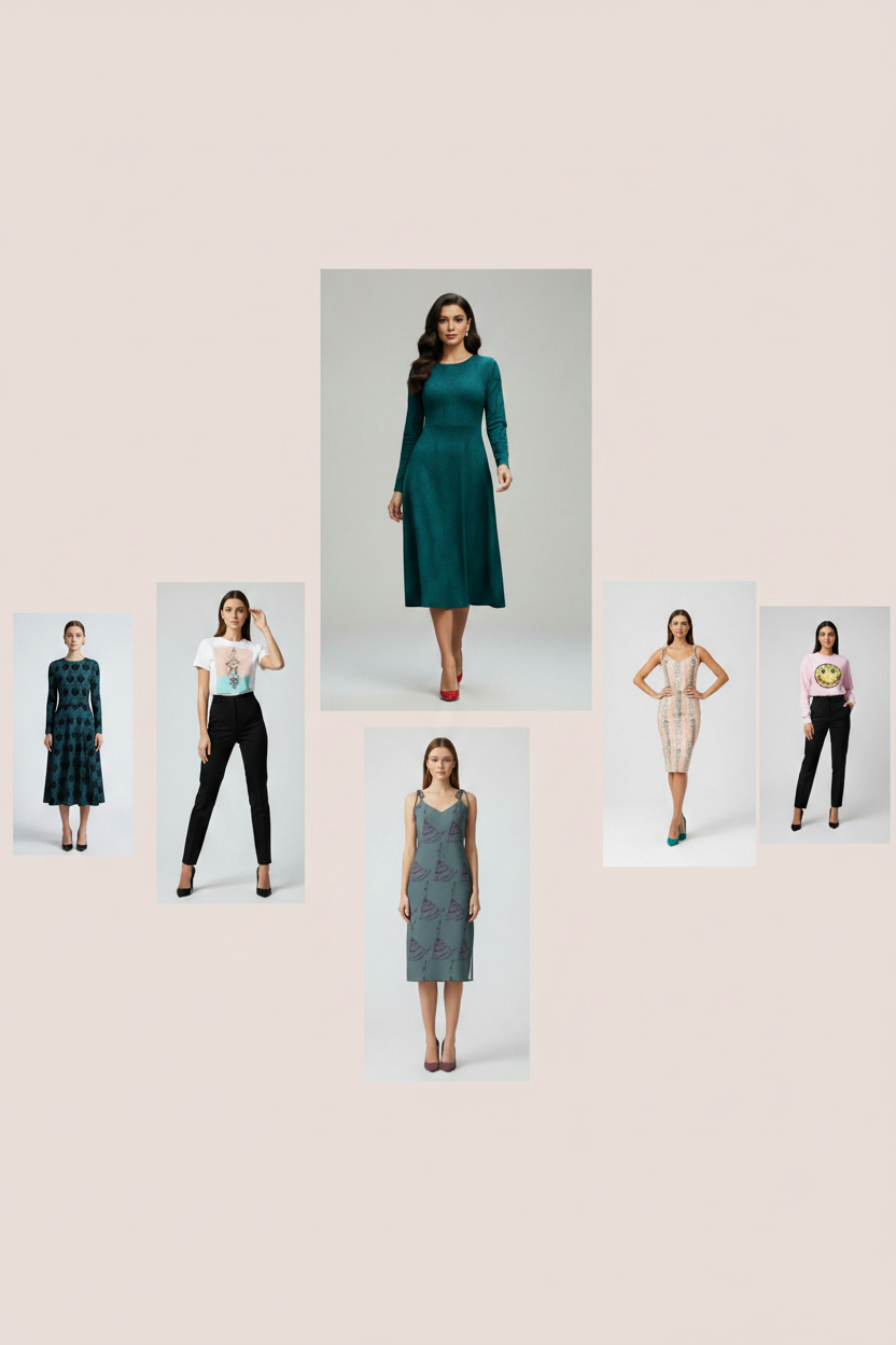 A collage of five fashion models wearing different outfits on a light beige background. The central and most prominent image shows a woman in a long-sleeve teal green midi dress, surrounded by four smaller images of other women modeling dresses and tops.