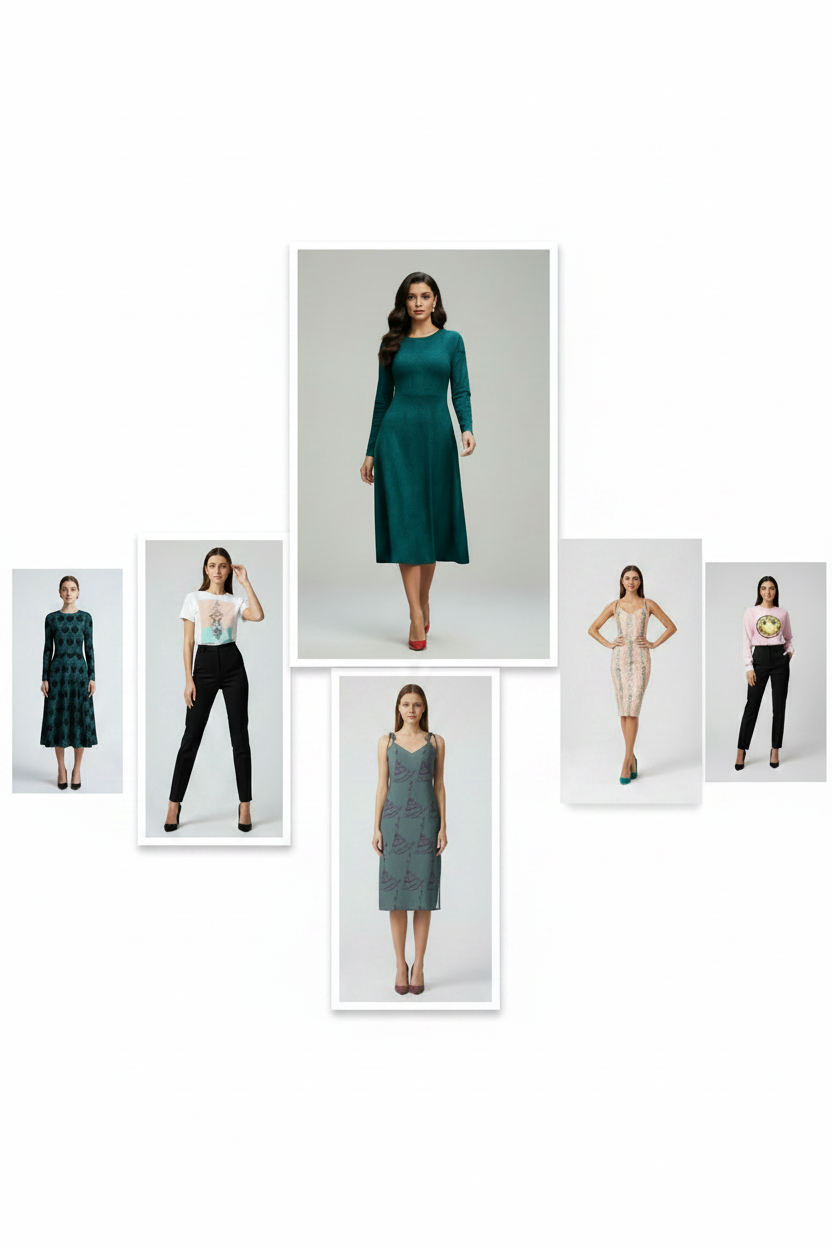 A collage of six fashion photos on a white background, showing women modeling different dresses and outfits. The central and largest photo shows a woman wearing a long-sleeve teal green midi dress, with other smaller photos around it showing additional women in dresses and a white top with black pants.