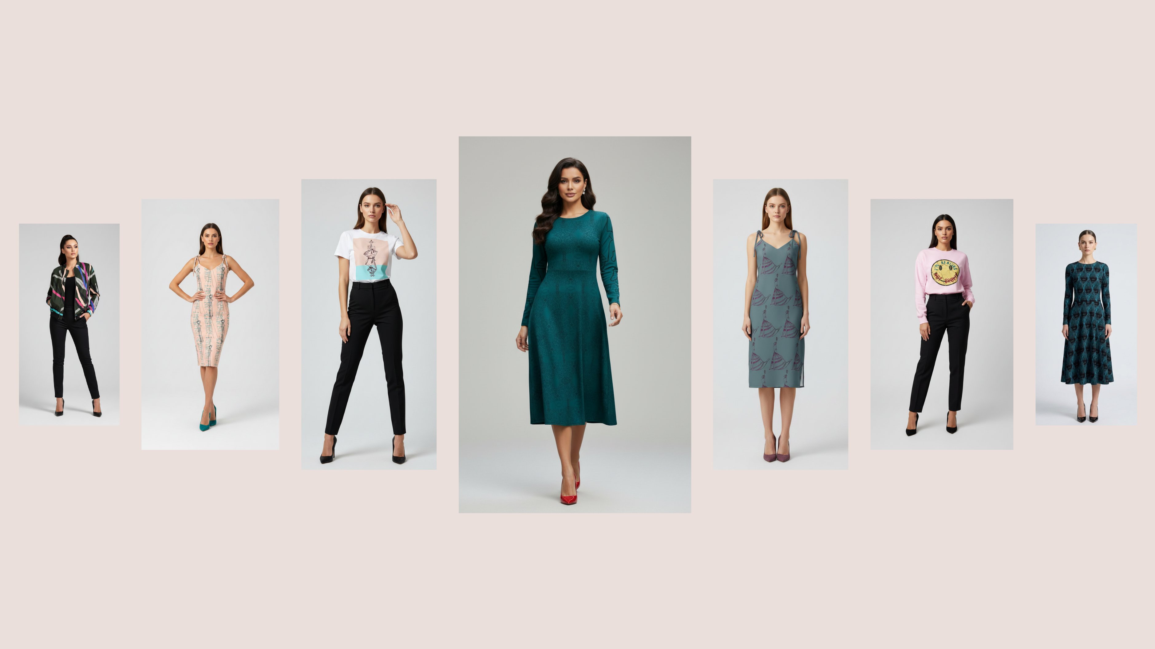 A collage of seven women modeling different outfits against light gray studio backgrounds, arranged across a pale beige canvas. The center figure wears a long-sleeve teal dress, flanked by other fashion looks including black pants, patterned dresses, and a pink top with a yellow smiley face graphic.