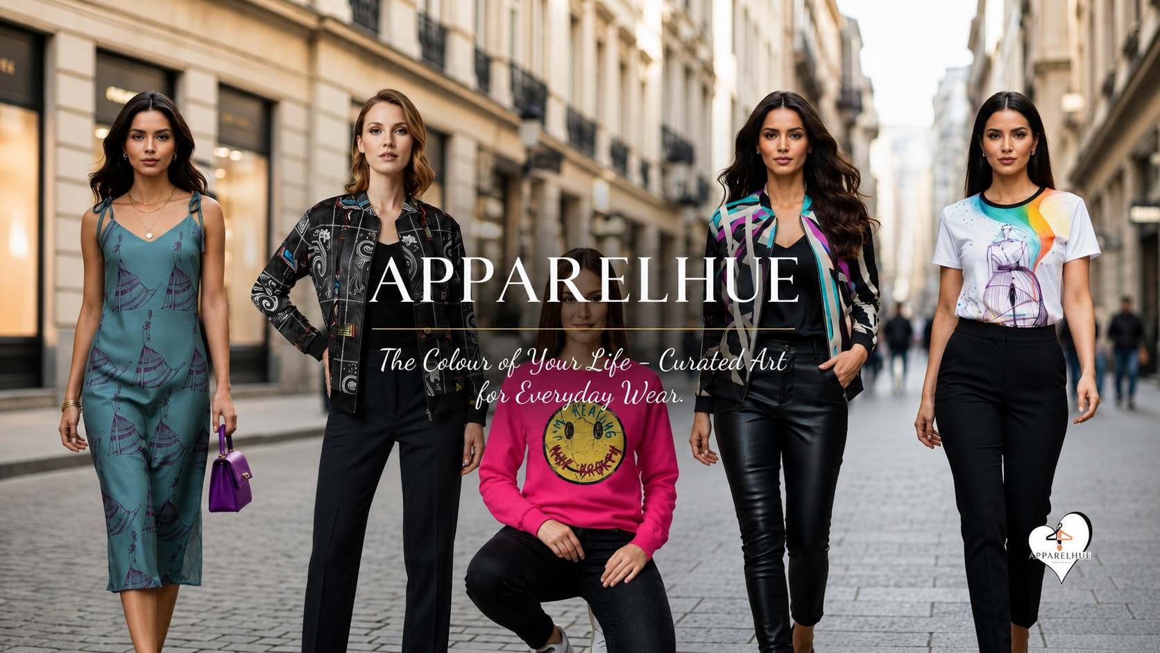 "WEARABLE ART. DESIGNED FOR YOU. EXPRESSIVE COLOuRS, MODERN CUTS." Next to the text are three framed fashion images: a model in a teal dress on a city street, a model holding a stylised cat tote bag, and a model in a colourful patterned maxi dress on a balustrade. Five women modeling different outfits on a city street, with the text 'APPARELHUE' and 'The Colour of Your Life - Curated Art for Everyday Wear' overlaid across the center.