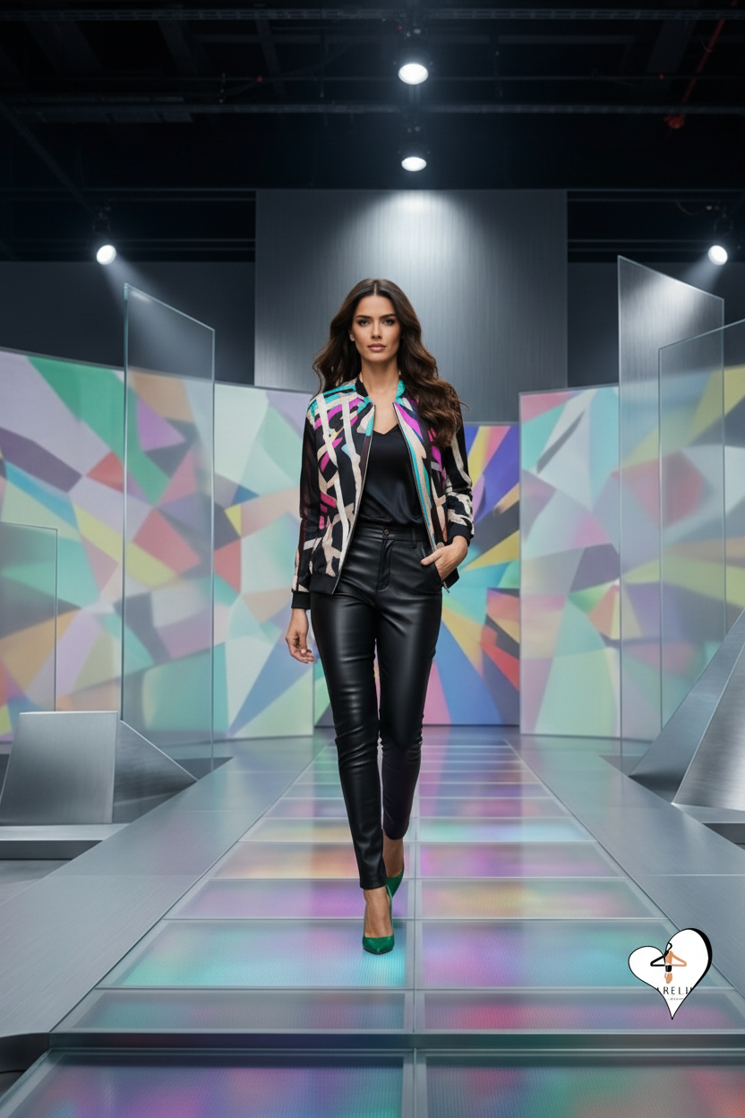 A woman walks down a runway in a futuristic indoor fashion show setting. She is wearing a black top and shiny black leather pants, with a colorful patterned blazer and green heels.