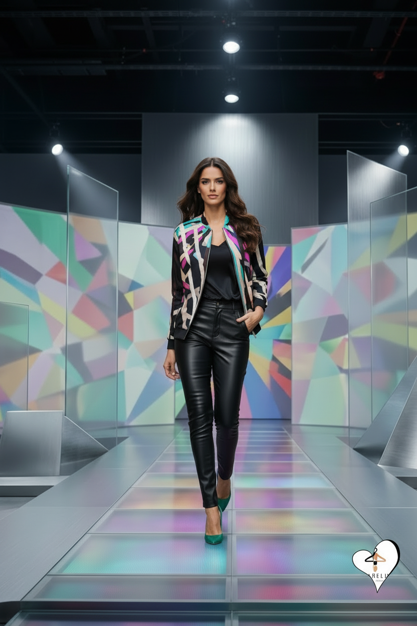 A model walks down a fashion runway wearing a black leather-look pantsuit with a colorful geometric print blazer, black top, and green heels, set against a modern runway stage with geometric light panels.