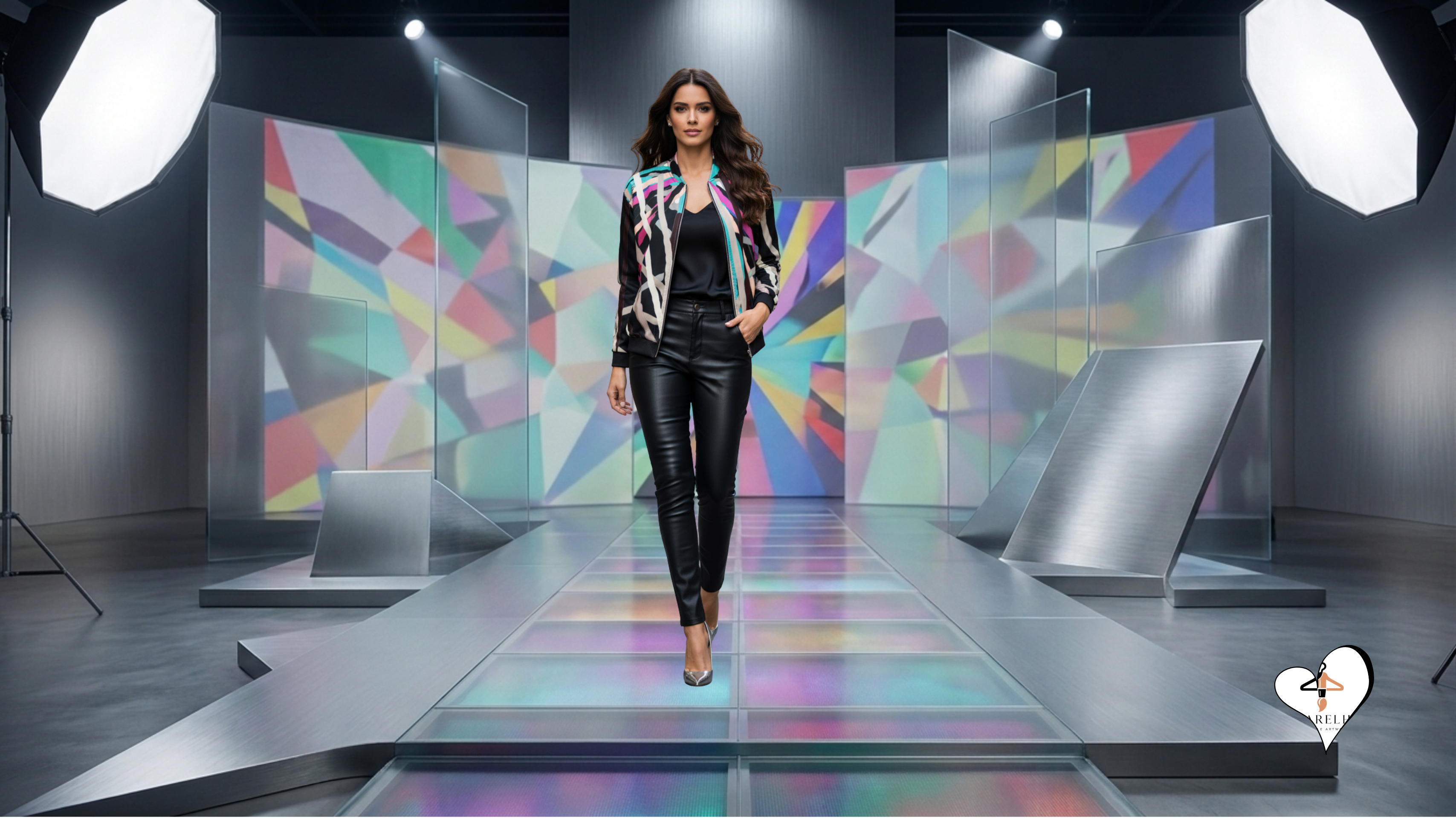 A model walks down a runway in a studio setting, wearing a black leather pantsuit with a colorful patterned blazer. The runway is flanked by geometric, colorful backdrops and large softbox lights.