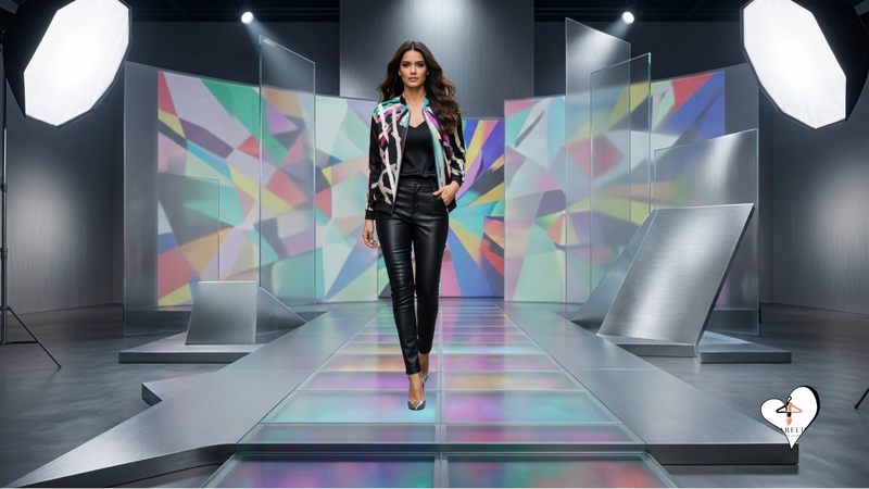 A model walks down a runway in a studio setting, wearing a black leather pantsuit with a colorful patterned blazer. The runway is flanked by geometric, colorful backdrops and large softbox lights.
