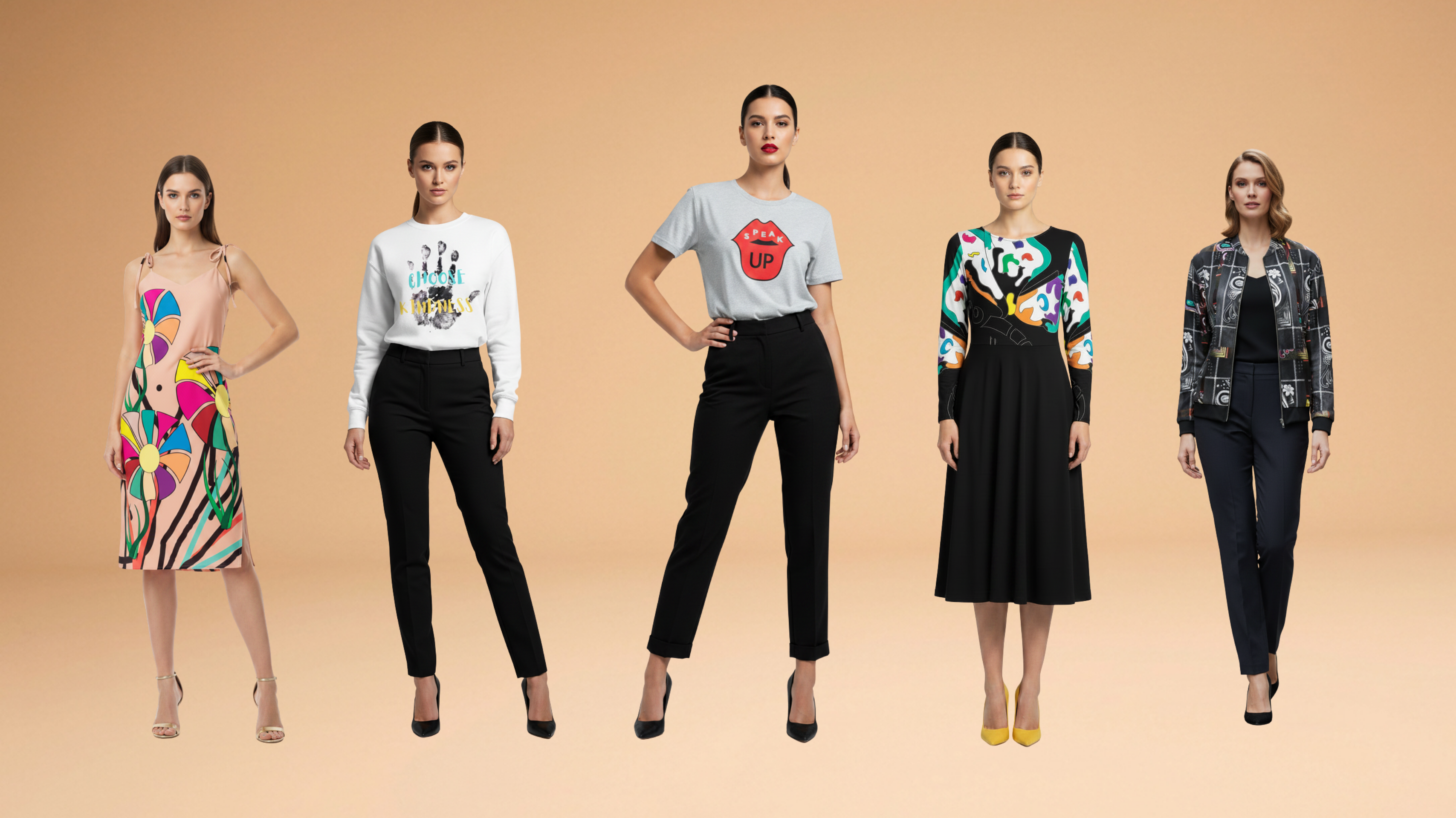 Five female models stand against a solid beige studio background, each wearing a different fashion outfit. The outfits include a sleeveless dress with a colorful abstract print, a white long-sleeve top with black pants, a light gray crewneck T-shirt with a red lips graphic, a black midi dress with a colorful floral and geometric patterned top, and a black-and-gray patterned jacket with dark pants.