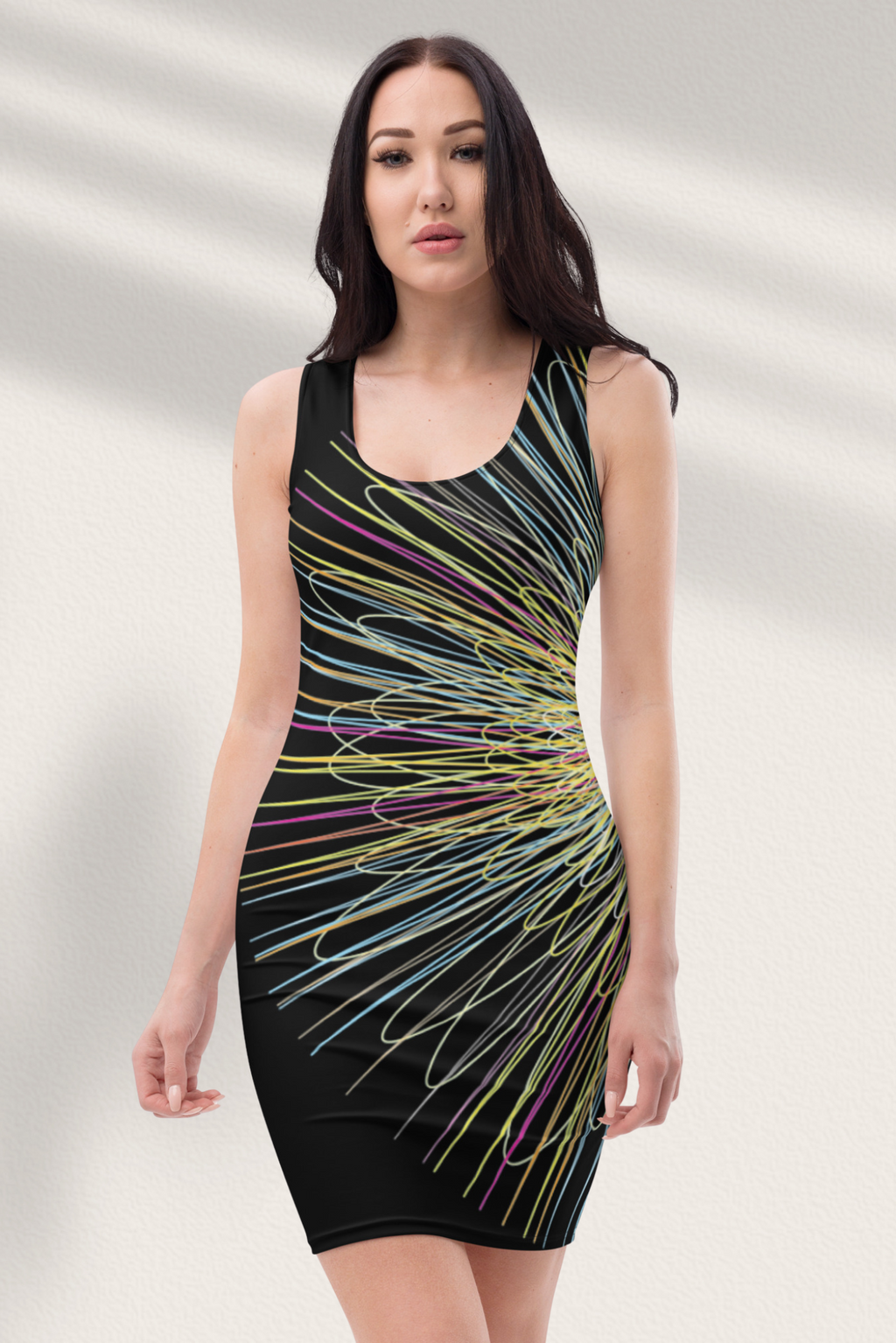 A sleeveless, mini bodycon dress with a colorful graphic art print, featuring a tight fit and V-neckline.