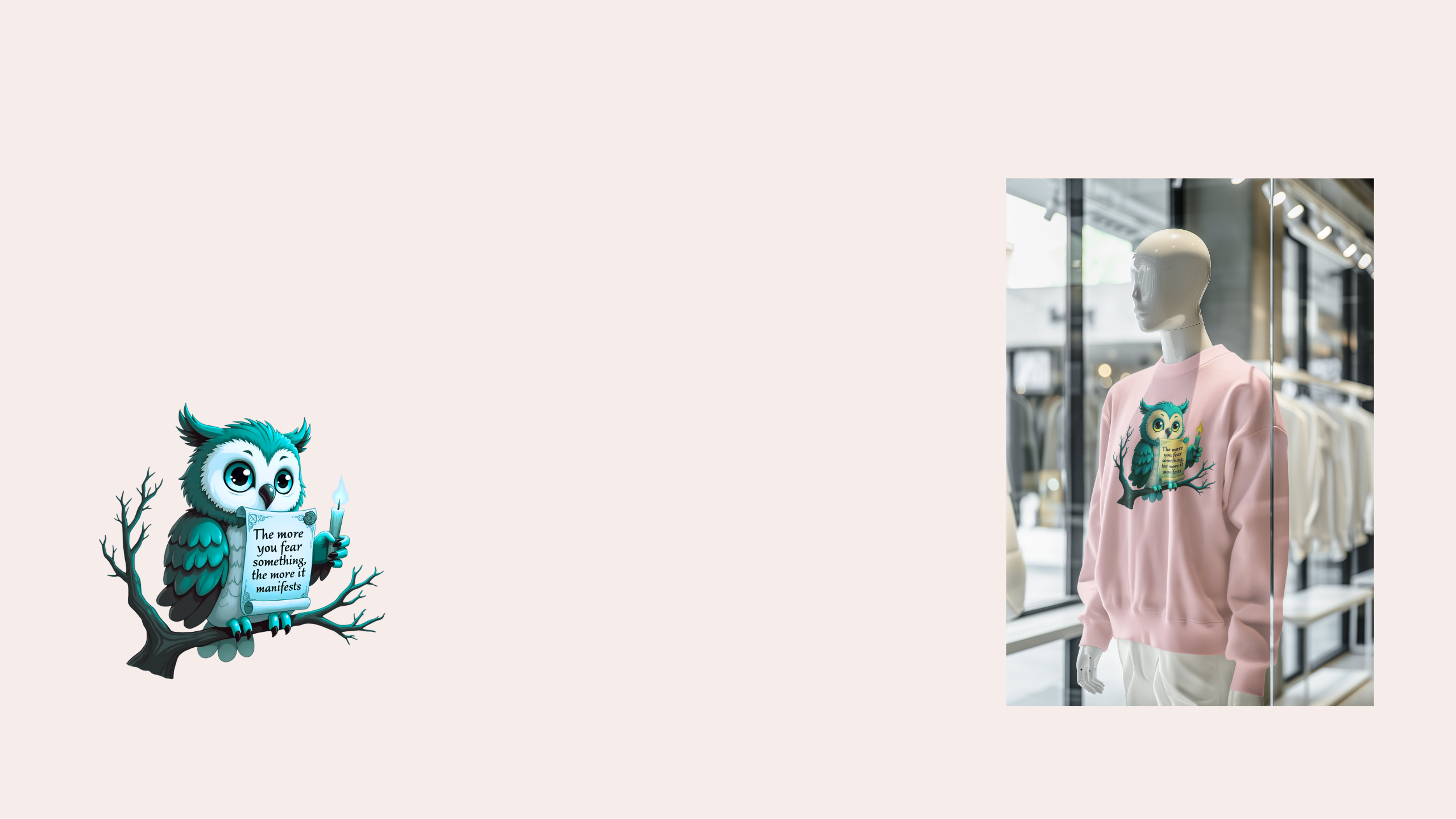 Mannequin wearing a pink sweater with an owl design in a store setting.  Apparelhue | Bold Wearable Art & Neo-Luxury Streetwear Light Beige Sleek and Simple Blogger Personal Website