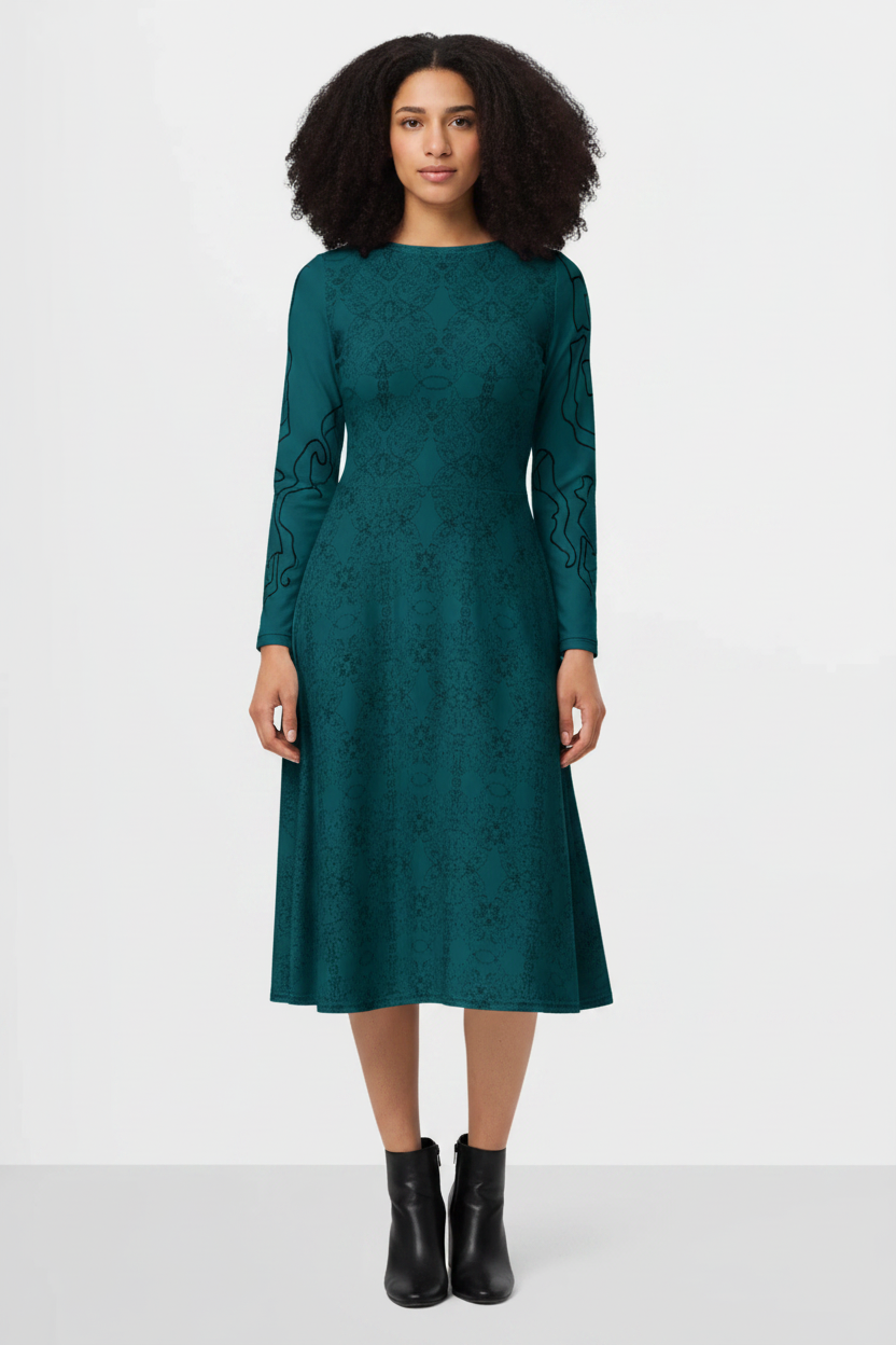 Women's teal A-line midi dress with exclusive artistic print