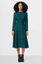 Women's teal A-line midi dress with exclusive artistic print