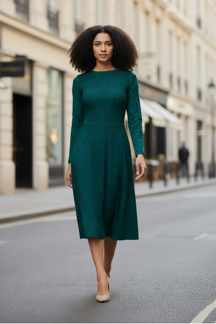 Woman in a green dress walking on a city street
