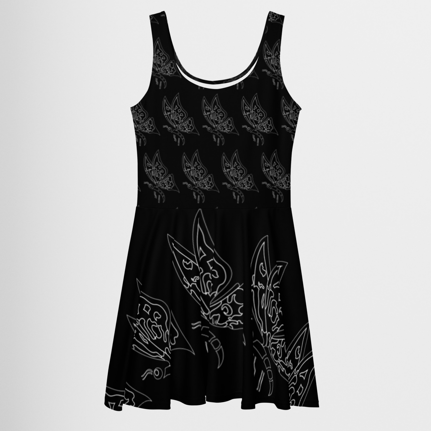 Mini Party Black Dress, Stylish Butterfly Print Skater Dress, Elegant Butterfly Print Dress