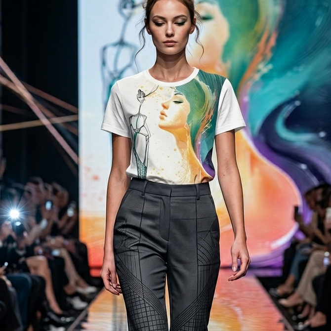 Model walking on a fashion runway wearing a white t-shirt with a colorful design and black pants.