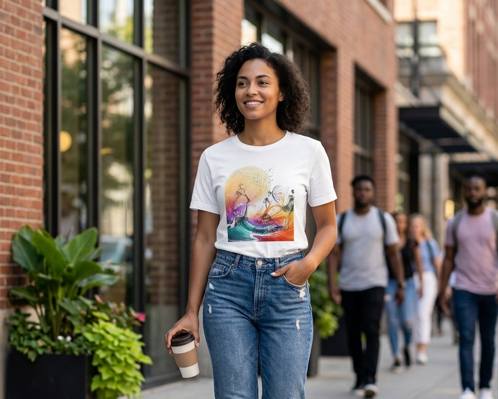 Woman walking on a sidewalk wearing a graphic t-shirt and jeans, holding a coffee cup.