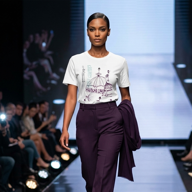 Model walking on a fashion show runway wearing a white t-shirt and purple pants.