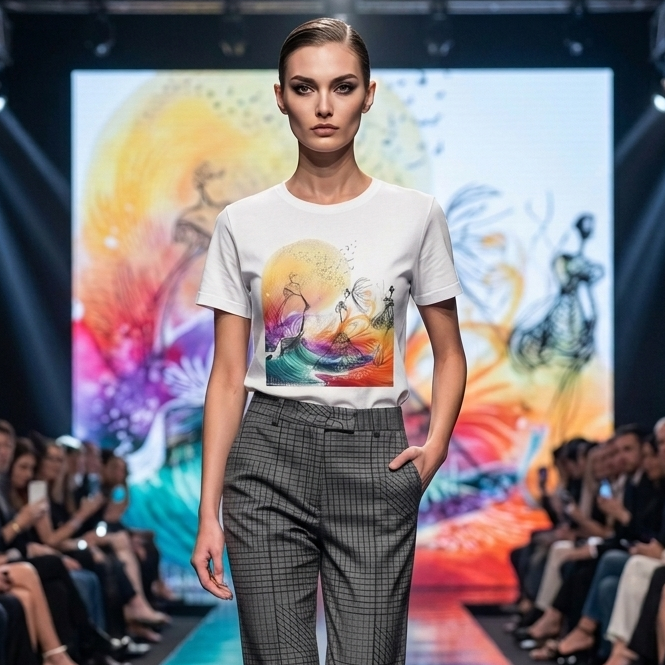 Model walking on a fashion show runway wearing a white t-shirt with a colorful graphic and gray checkered pants.