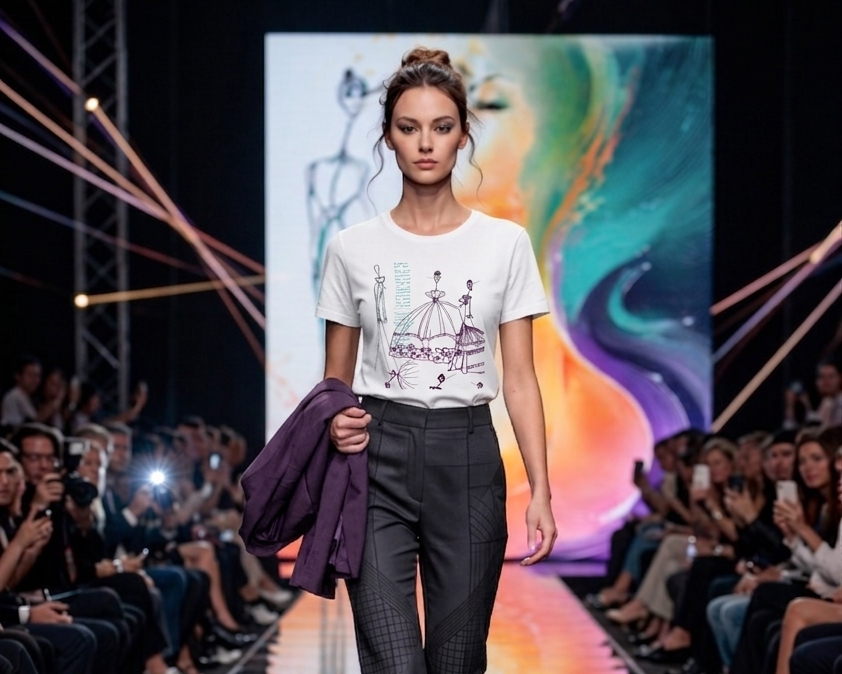 Model walking on a fashion show runway with colorful background