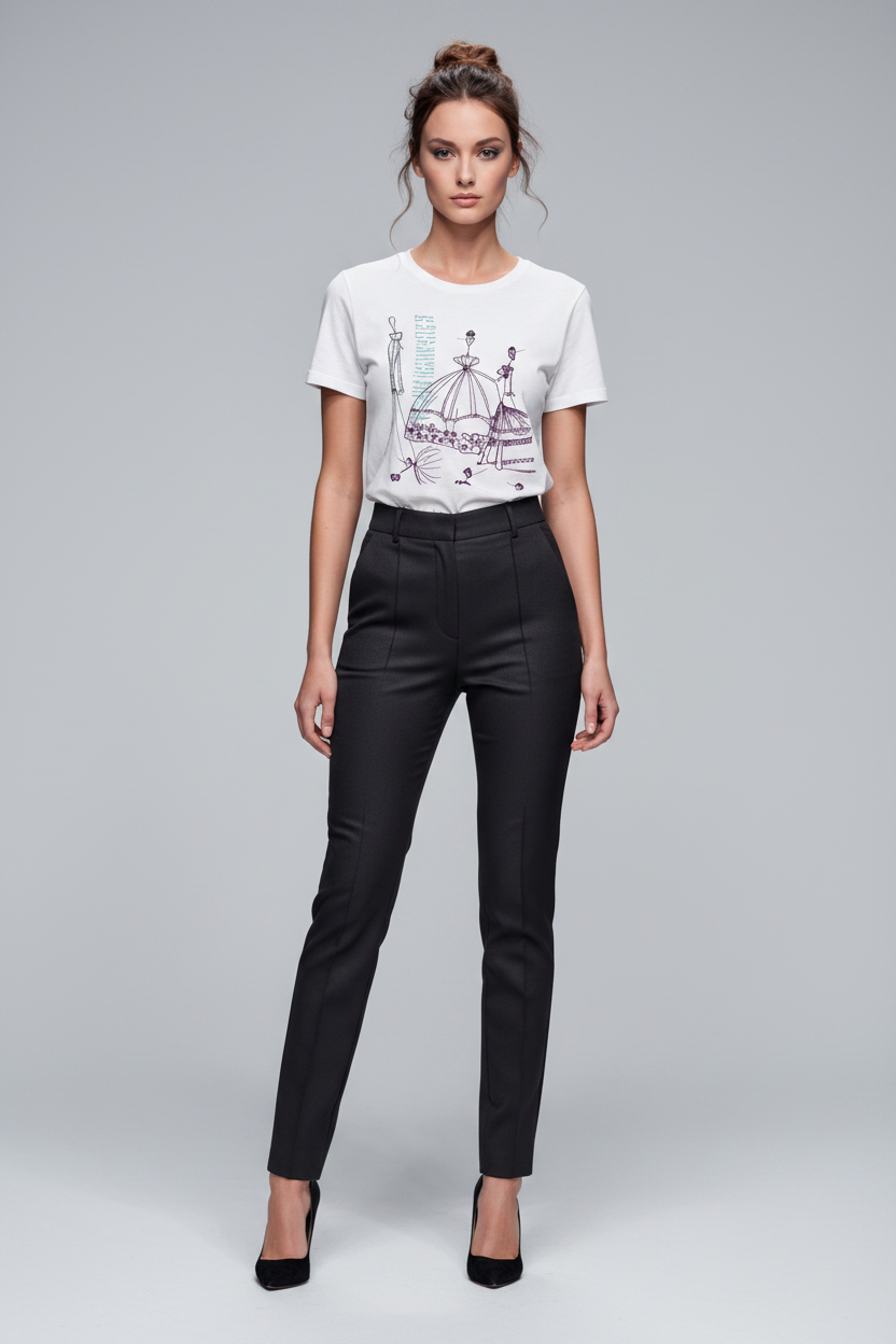 Woman wearing a white t-shirt with graphic design and black pants on a gray background