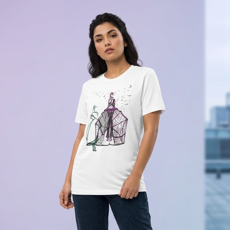 Woman wearing a white t-shirt with a graphic design, dark jeans, and white sneakers on a light purple background.