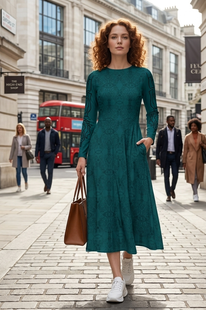 Woman in a teal dress walking down a city street with a brown handbag. Midi Dress - Summer Dress - Comfortable - Photo Ready - Knee Length