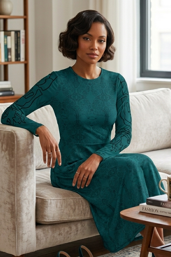 Woman in a teal dress sitting on a beige sofa in a cozy living room. Work Midi Dress - Office Dress - Professional - Knee Length - Comfortable - Versatile