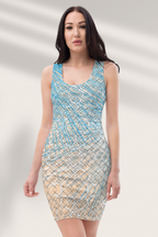 A woman wearing a sleeveless, geometric patterned bodycon dress in shades of blue and beige.