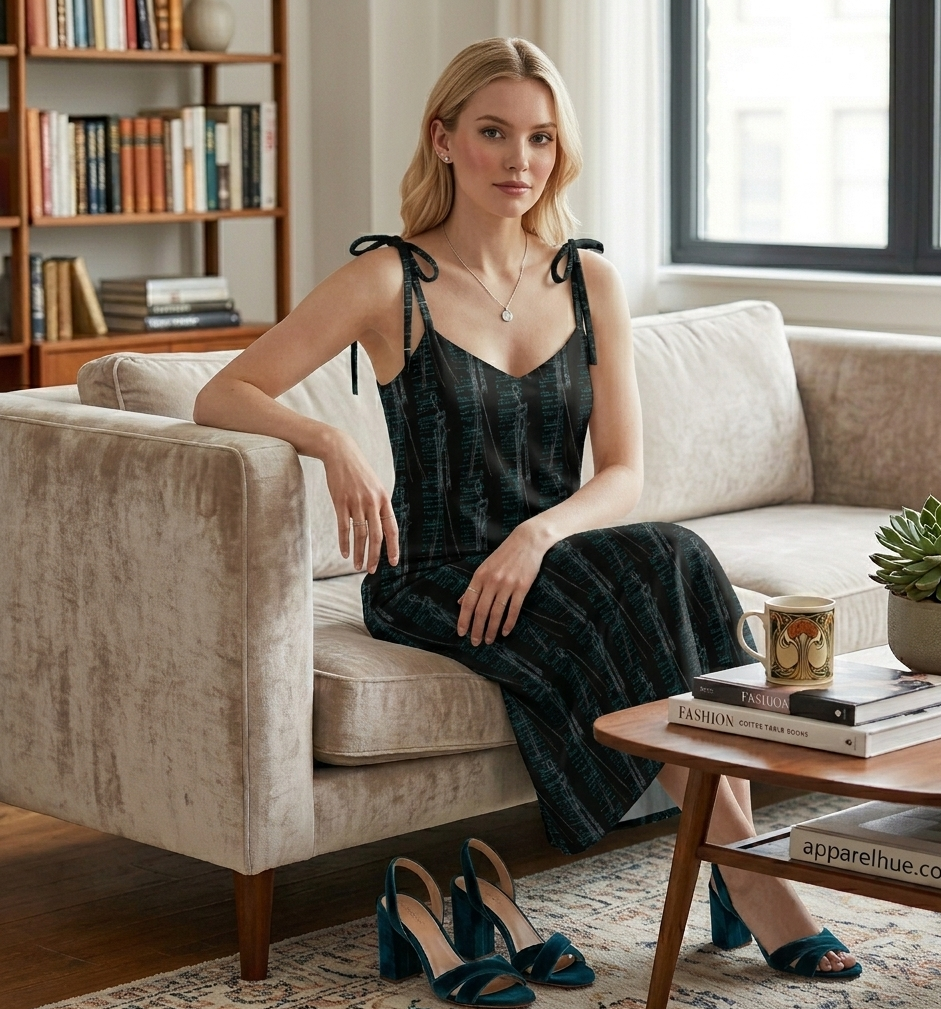 Woman in a black dress sitting on a beige sofa in a cozy living room.